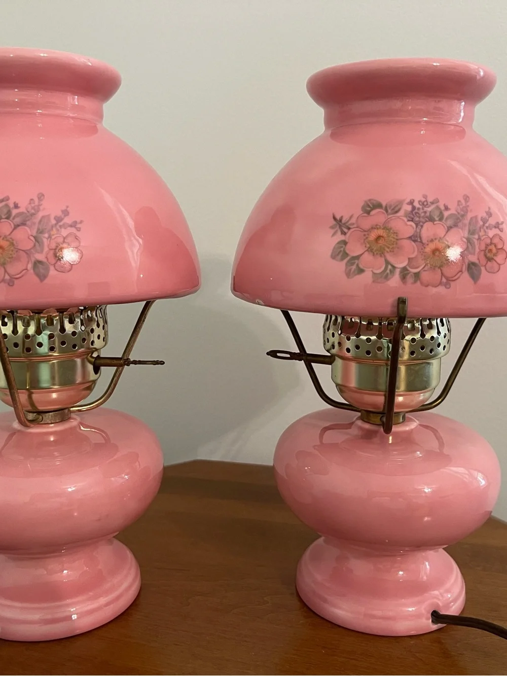 Vintage Pink Ceramic GWTW type 3-way Lamp with Floral Details-Electric-Pair